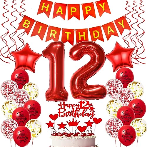 Deko 12. Geburtstag Mädchen - Luftballons, Folienballon, Tortendeko in Rot für 12 Jahre Deko 12. Geburtstag Mädchen - Luftballons, Folienballon, Tortendeko in Rot für 12 Jahre von Oumezon