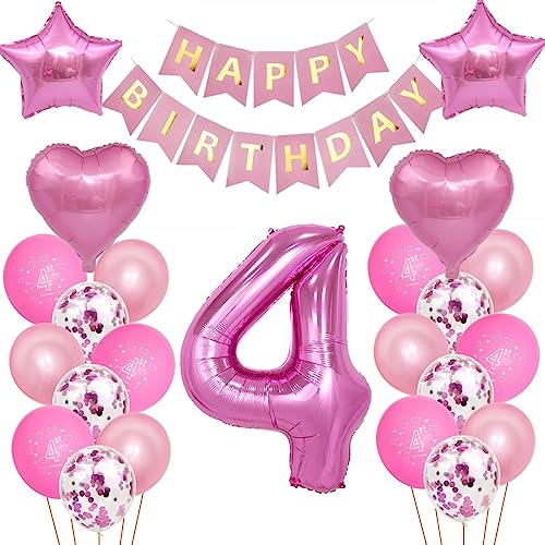 Kindergeburtstag Deko Mädchen 4 Jahr Ballons, 4. Geburtstag Dekorationen für Mädchen,Deko 4 Geburtstag Ballons,4 Geburtstag Deko Mädchen Happy Birthday Banner Luftballons Rosa Konfetti Helium Set von Oumezon