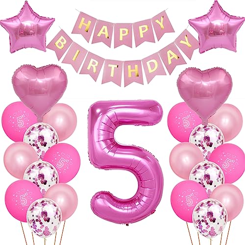 Kindergeburtstag Deko Mädchen 5 Jahr Ballons, 5. Geburtstag Dekorationen für Mädchen,Deko 5 Geburtstag Ballons,5 Geburtstag Deko Mädchen Happy Birthday Banner Luftballons Rosa Konfetti Helium Set von Oumezon