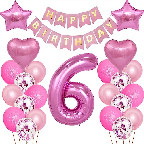 Kindergeburtstag Deko Mädchen 6 Jahr Ballons, 6. Geburtstag Dekorationen für Mädchen,Deko 6 Geburtstag Ballons,6 Geburtstag Deko Mädchen Happy Birthday Banner Luftballons Rosa Konfetti Helium Set von Oumezon