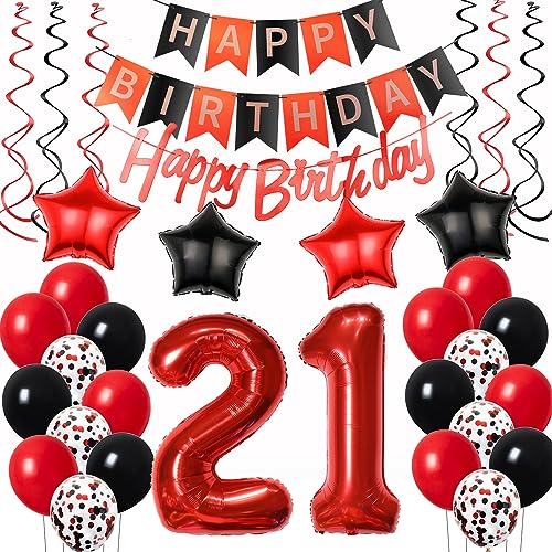 Luftballons 21. Geburtstag Deko Frauen Rot Schwarz, Geburtstagsdeko 21 jahre Frauen happy birthday 21 Frauen dekoration Rot deko 21. Geburtstag Frauen Schwarz ballons 21 Geburtstag Frauen von Oumezon