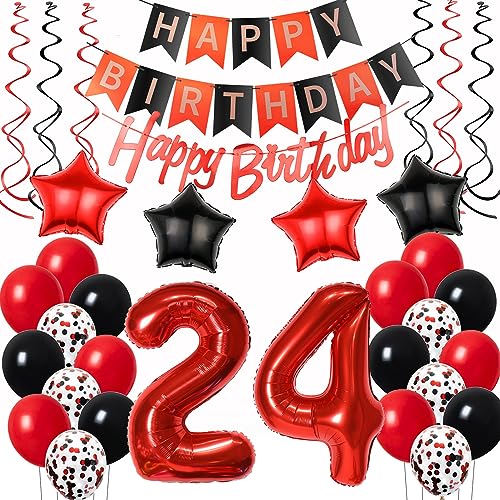 Luftballons 24. Geburtstag Deko Frauen Rot Schwarz, Geburtstagsdeko 24 jahre Frauen happy birthday 24 Frauen dekoration Rot deko 24. Geburtstag Frauen Schwarz ballons 24 Geburtstag Frauen von Oumezon