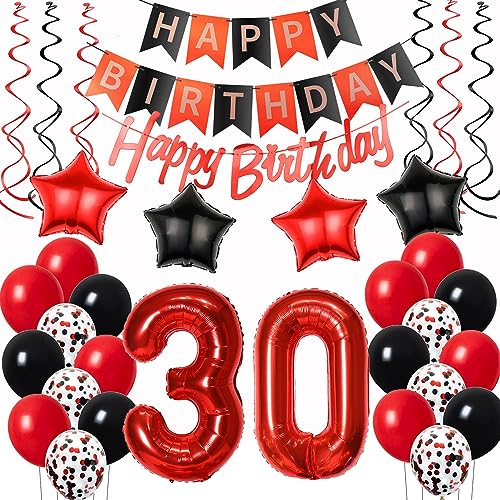 Luftballons 30. Geburtstag Deko Frauen Rot Schwarz, Geburtstagsdeko 30 jahre Frauen happy birthday 30 Frauen dekoration Rot deko 30. Geburtstag Frauen Schwarz ballons 30 Geburtstag Frauen von Oumezon