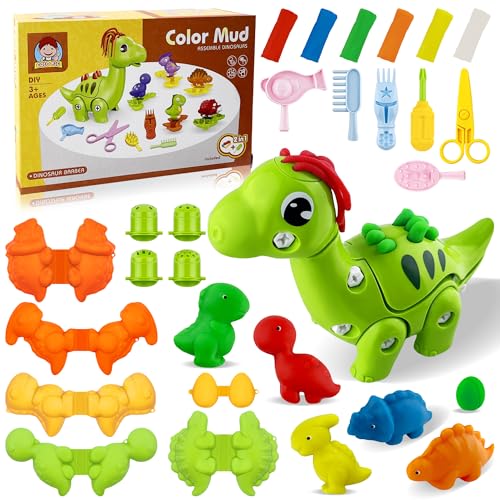 Oun Nana Playdough Haarschnitt-Set für Kinder, abnehmbarer Dinosaurier-Spielknete, Haarstyling-Spielzeug mit Farbteig, Dinosaurier-Formen, Eierform, Sicherheitsschere und Werkzeug, zufällige von Oun Nana