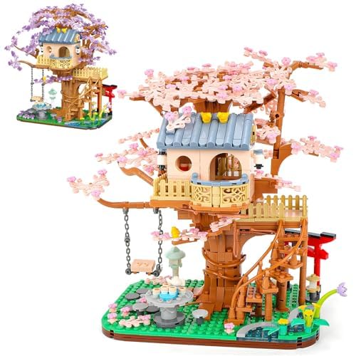 OundarM Cherry Blossom House Bonsai Tree Mini Building Blocks, Japanese Style Pink Botanical Sakura Collection Construction Kit for Kids Ages 6 and Up, Adults, Not Compatible with Other (1446 Pieces) von OundarM