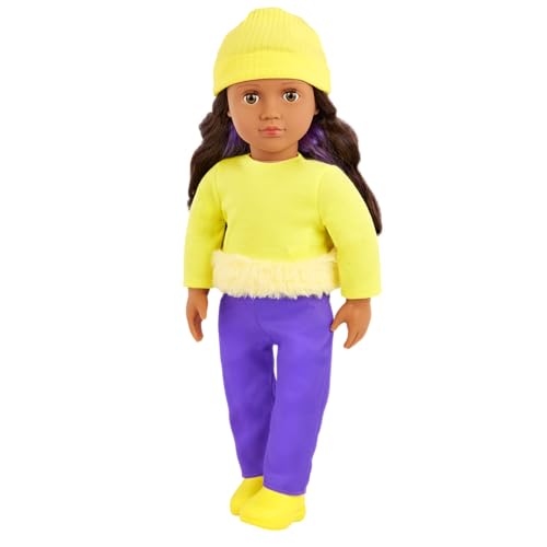 Our Generation – 46 cm Puppe – Lebensechte haselnussbraune Augen und gewelltes braunes Haar – Gelb-lila-farbenes Blockoutfit – Rollenspiel – Spielzeug für Kinder ab 3 Jahren – Sola von Our Generation