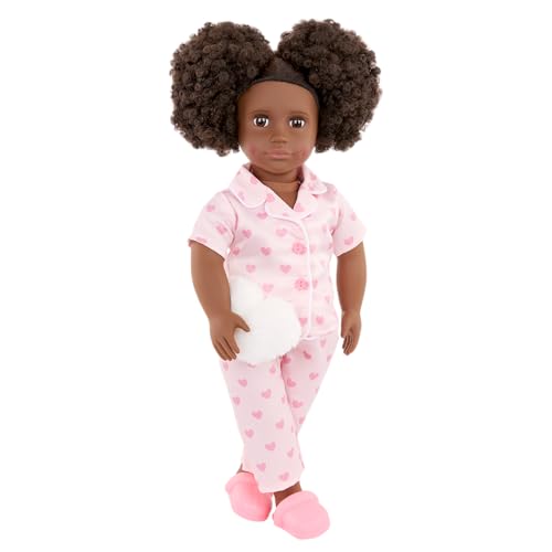 Our Generation – 46 cm Schlafanzugpuppe – Lebensechte braune Augen und lockiges schwarzes Haar – Rosa Pyjama mit kleinen Herzen – Rollenspiel – Spielzeug für Kinder ab 3 Jahren – Tanisha von Our Generation