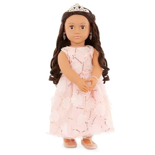 Our Generation – 46 cm Special Event Doll – Lebensechte braune Augen, braunes Haar und gepiercte Ohren – Rosa Blumenkleid, Tiara und Schmuck – Fantasiespiel – Spielzeug für Kinder ab 3 Jahren – Anissa von Our Generation