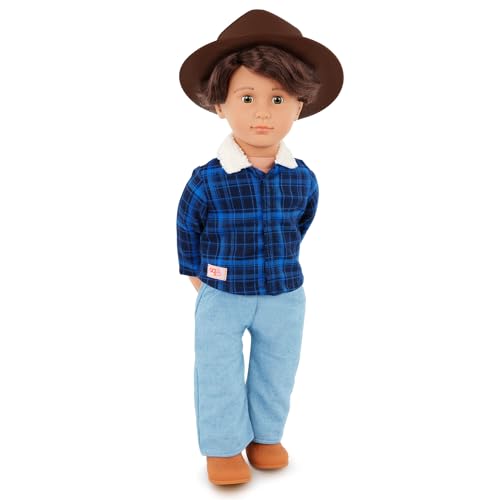 Our Generation – 46 cm große Jungenpuppe – lebensechte haselnussbraune Augen und welliges braunes Haar – Western-Outfit und Countryhut – Fantasiespiel – Spielzeug für Kinder ab 3 Jahren – Dustin von Our Generation