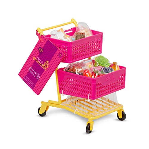 Our Generation BD35159Z Deluxe Einkaufswagen pink/gelb & Lebensmittel - ausgewogener Einkauf, für 46cm Puppen, mit funktionierenden Rollen – Kinder Spielzeug ab 3 Jahre - 45459 HCM Kinzel von Our Generation