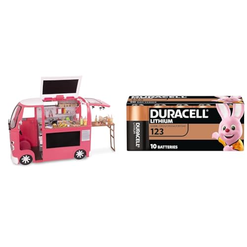 Our Generation – Fahrzeug-Spielset – Küche & Kochecke – 46 cm Puppenzubehör – Spielzeug-Essen – Spielzeug für Kinder ab 3 Jahren – Food Truck pink + Duracell High Power Lithium 123 Batterie 3 V (CR123 von Our Generation