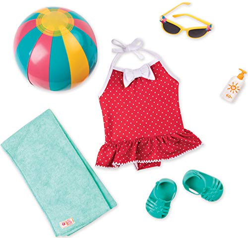 Our Generation Retro Beach Belle Outfit - Puppenoutfit - Strand (Beach) - 3 - 10 Jahre - 1 x Badeanzug, Sonnenbrille, Sandalen, Strandball, Flasche Sonnenschutz, Handtuch von Our Generation