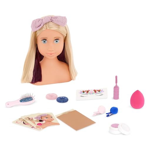 Our Generation Sparkles of Fun Stylingkopf Deanna – Langem, Dickem Blondem Haar, Peekaboo-Strähnchen, Pom-Pom-Haarspangen, Glitzer für Gesicht und Haar, Beweglicher Kopf, Weiche Wimpern – Friseur Set von Our Generation