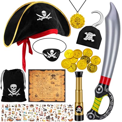 28 PCS Piratenkostüm Kinder, Piraten Kostüm Zubehör, mit Piratenhut Kinder, Piraten Augenklappe, Pirate Sword, Piraten Goldmünzen, Piraten Verkleidung Accessories, für Karneval Halloween Cosplay von Ourdort