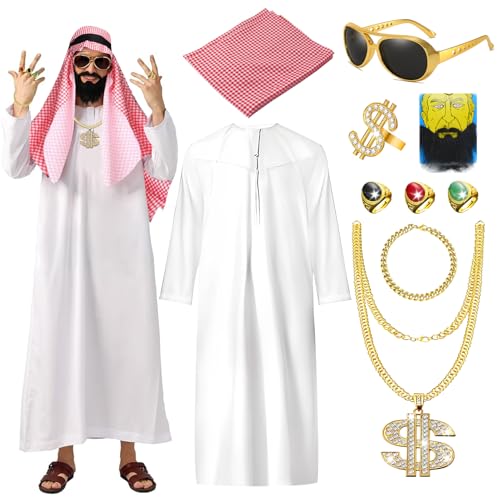 Ourdort Scheich Kostüm Herren, Araber Kostüm, Arabisches Kostümset, Kostüm Scheich Araber, Zubehör für Kostüm, Faschingskostüm Cosplay von Ourdort