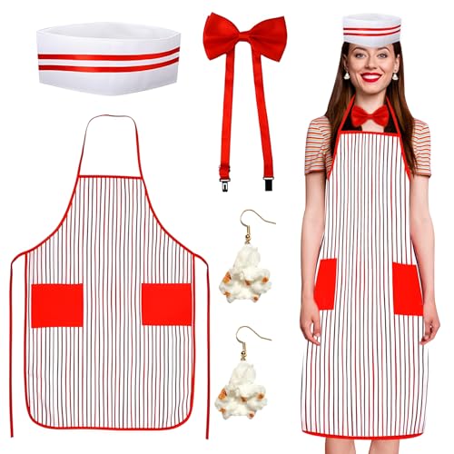 Ourdort 4 PCS Popcorn Kostüm, Kellner Kostüm im 50er Jahre Stil, Schürze Kochmütze Fliege Und Popcorn-Ohrringe Set,Karneval Zirkus Cosplay Party von Ourdort