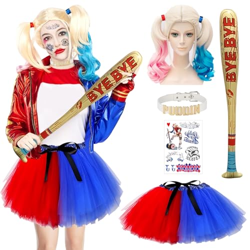 Ourdort Cosplay Kostüme für Erwachsene,Mädchen Bösewicht Suicide Kostüm Kit,Halloween Karneval Kostüm Damen,Tüllrock mit Halskette,Perücke,Aufblasbarer Baseballschläger,Tattoo,für Fasching Party von Ourdort