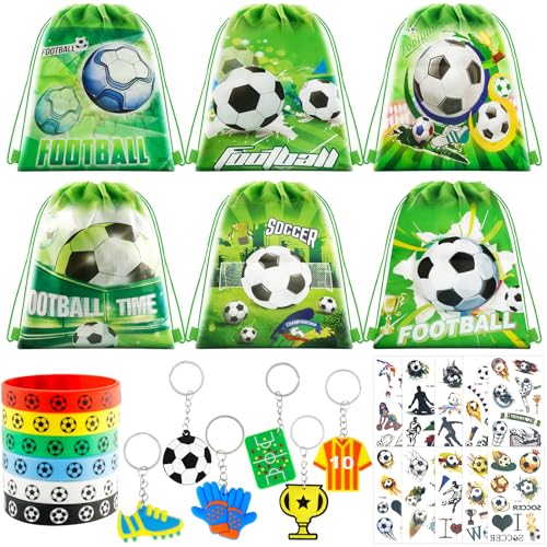 Ourdort Fußball Party Mitgebsel Kinder,mit 6 Fußball Taschen Kordelzug,6 Silikonarmband,6 Fußball Schlüsselanhänger,10 Fußball Tattoos,Fußball Geschenke für Jungs von Ourdort