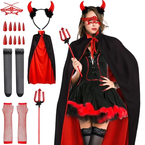 Ourdort Teufel Kostüm Damen, Vampir Kostüm Set, Gruselig Teufel Umhang Set, Halloween & Karneval von Ourdort