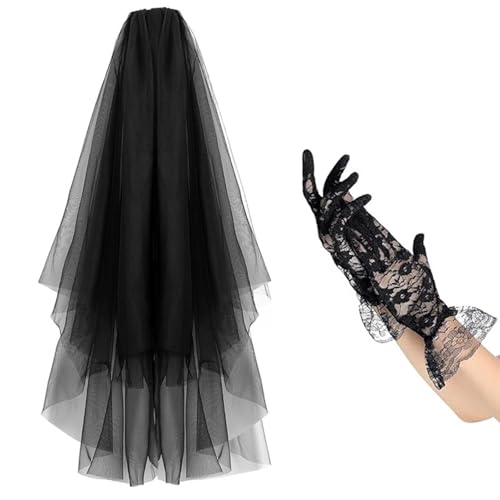 Ousidiman Halloween-Set, schwarzer Spitzenschleier und Handschuhe, elegantes Tüll-Kostüm-Zubehör, Kopfschmuck für Damen, Maskerade, Party-Outfit von Ousidiman