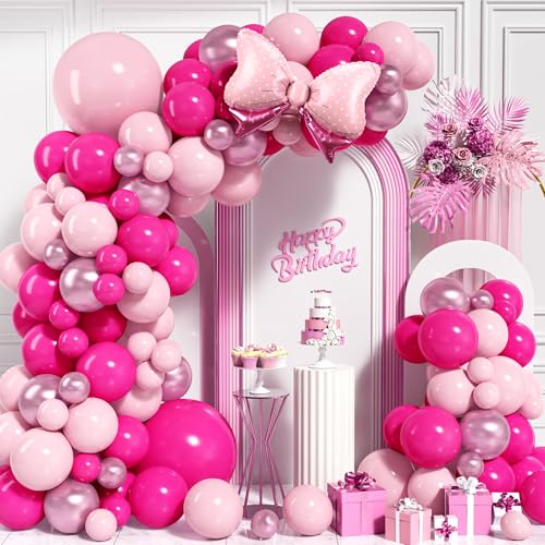 Heißes Rosa Luftballon Bogen Kit, 103 Stück Schleifen Ballons Girlande mit Metallic Rosa Ballons für Mädchen Prinzessin Frauen Geburtstag Babyparty Hochzeiten Brautparty Jahrestag Party Dekoration von Ousuga