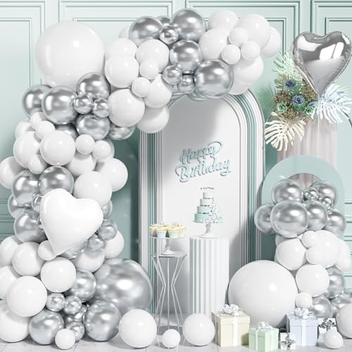 Silber Luftballon Bogen Girlande Kit, 105 Stück Matt Weiße Metallic Silber Ballons mit Herz Folien Ballons für Hochzeiten Mädchen Frauen Geburtstag Jahrestag Verlobung Babyparty Party Dekoration von Ousuga