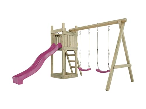 Outgarden Spielturm Klettergerüst Skinny aus KDI-Holz | Spielhaus mit Pinker Rutsche & Sitzen | mit Sandkasten & Leiter | Outdoor Stelzenhaus für Kinder und Garten | 315 x 327 x 220 cm von Outgarden