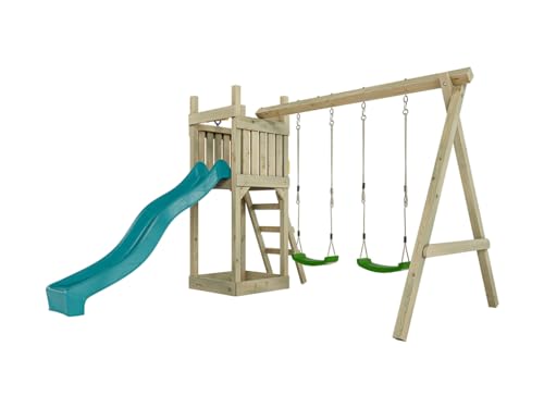 Outgarden Spielturm Klettergerüst Skinny aus KDI-Holz | Spielhaus mit türkiser Rutsche & Sitzen | mit Sandkasten & Leiter | Outdoor Stelzenhaus für Kinder und Garten | 315 x 327 x 220 cm von Outgarden