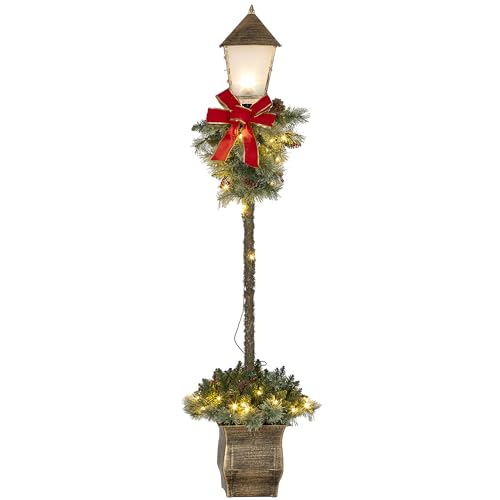 Outsunny 150 cm Weihnachtslaterne Weihnachtsbeleuchtung mit LED-Lichterkette Tannenzapfen Beeren Schleife für Weihnachtsfest Metall Grün von Outsunny