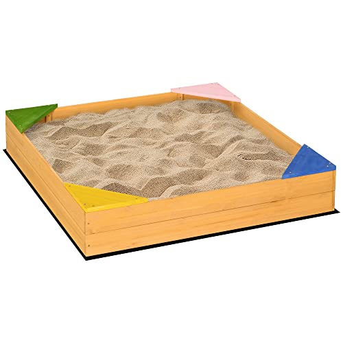 Outsunny 4-Sitzer Kindersandkasten aus Fichtenholz mit bodenlosem Design und herausnehmbarer Auskleidung, 109x109x19,8 cm, holzfarben von Outsunny