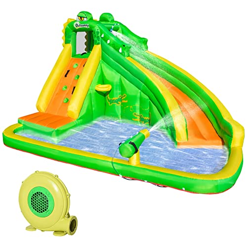 Outsunny Aufblasbare Hüpfburg mit Gebläse Wasserrutsche Spielpool Aufblasbare Wasserspielcenter mit Rutsche Wasserpark aufblasbar Planschbecken ab 3 Jahre 380 x 285 x 225 cm von Outsunny