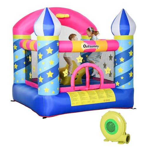 Outsunny Aufblasbare Hüpfburg mit Korb für 2 Kinder Burg Springburg mit Gebläse Spielburg Spielhaus für 3-12 Jahre Oxford-Gewebe, Polyester-Gewebe Mehrfarbig 195 x 195 x 215 cm von Outsunny