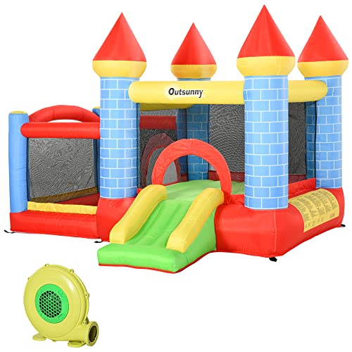 Outsunny Aufblasbare Hüpfburg mit Rutsche Pool für 3 Kinder Burg Springburg mit Gebläse Spielburg Spielhaus für 3-8 Jahre Oxford-, Polyester-Gewebe Rot+Blau+Grün 280 x 260 x 210 cm von Outsunny