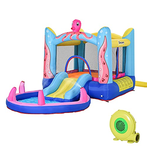 Outsunny Aufblasbare Hüpfburg mit Rutsche Springburg Spielburg Wasserpark für Kinder Trampolin aufblasbar Wasserrutsche Pool für 3-8 Jahre Oktopus-Muster Oxfordstoff 360 x 175 x 180 cm von Outsunny