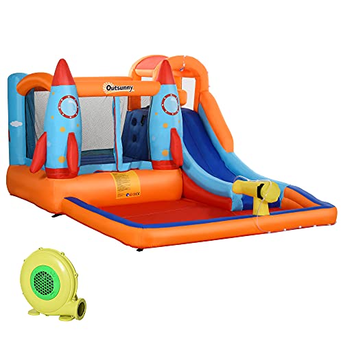 Outsunny Aufblasbare Hüpfburg mit Rutsche für 4 Kinder Burg Springburg mit Gebläse Spielburg Spielhaus für 3-8 Jahre Raketenmuster Oxford-, Polyester-Gewebe Mehrfarbig 350 x 250 x 185 cm von Outsunny