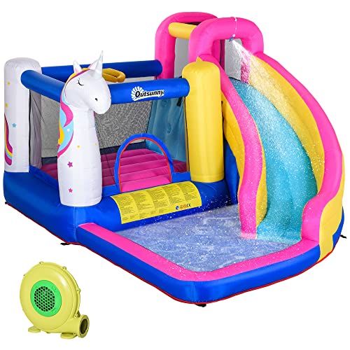 Outsunny Hüpfburg mit Gebläse Rutsche Pool für 4 Kinder aufblasbare Springburg für 3-8 Jahre Kinder Outdoor Wasserpark für Kinder Oxford-, Polyester-Gewebe Mehrfarbig 360 x 305 x 210 cm von Outsunny