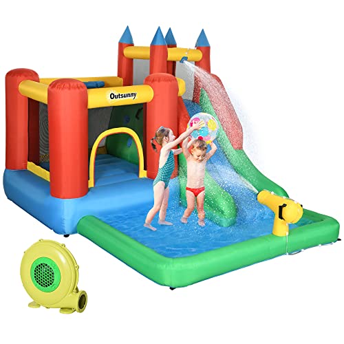 Outsunny Hüpfburg mit Gebläse Rutsche Wasserrutsche aufblasbar für 4 Kinder Wasserhüpfburg Garten XXL Springburg für 3-8 Jahre Kinder Oxford-, Polyester-Gewebe Mehrfarbig 330 x 245 x 215 cm von Outsunny