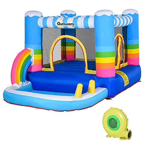 Outsunny Hüpfburg mit Gebläse Rutsche für 3 Kinder aufblasbare Springburg mit Wasserspielcenter für 3-8 Jahre Kinder Outdoor Wasserpark für Kinder Wasserhüpfburg Garten Mehrfarbig 280 x 170 x 155 cm von Outsunny