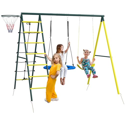 Outsunny Kinderschaukel-Set, 4 in 1 Schaukelgerüst Schaukelgestell mit 2 Schaukeln, Basketballkorb, Kletterleiter, Gartenschaukel für 3-8 Jahre Kinder, Stahl, Gelb Outsunny Kinderschaukel-Set, 4 in 1 Schaukelgerüst Schaukelgestell mit 2 Schaukeln, Basketballkorb, Kletterleiter, Gartenschaukel für 3-8 Jahre Kinder, Stahl, Gelb von Outsunny