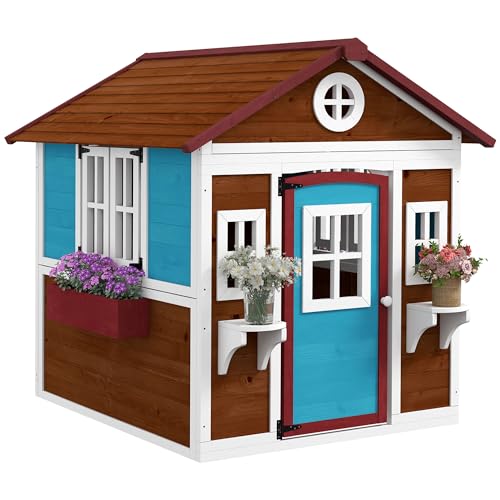 Outsunny Kinderspielhaus Holz Spielhaus für Kinder Outdoor Gartenspielhaus mit Fenster, Blumentopfrack Holzspielhaus für 3-8 Jahre Kinder Dunkelbraun von Outsunny