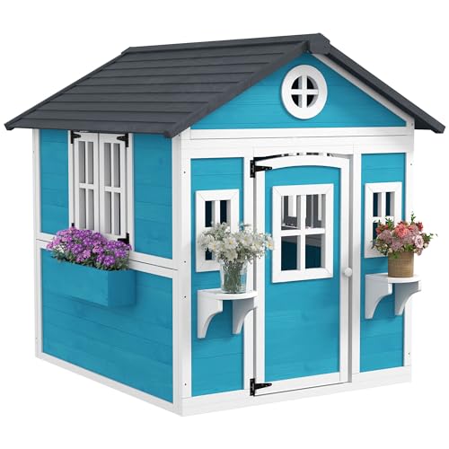 Outsunny Kinderspielhaus aus Holz Spielhaus Outdoor mit Fenster, Blumenregal, Pflanzenkasten und Tür Gartenhaus für Kinder 3-8 Jahre Blau von Outsunny