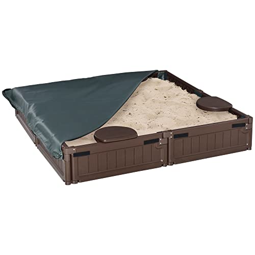 Outsunny Sandkasten Sandbox 4 Sitzer Sandkiste mit Bodenplane, Abdeckplane für 3-12 Jahre Kinder, HDPE, 123 x 123 x 21 cm, Braun von Outsunny