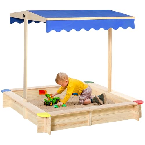 Outsunny Sandkasten mit Dach Sandkiste Kindersandkasten Tannenholz Bodenloses Design Felix mit absenkbarem und schwenkbarem Dach Kurbeldach 120 x 120 x 120 cm Natur von Outsunny