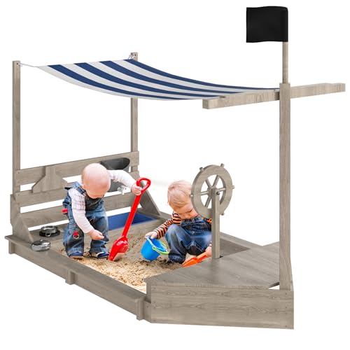 Outsunny Sandkasten Sandkiste groß mit Abdeckung im Schiff Design Matschekiste aus Holz Segelschiff Spielhaus mit Küchenspielset Aufbewahrung für Kinder 3-7 Jahre Grau 180 x 103 x 144,5 cm von Outsunny