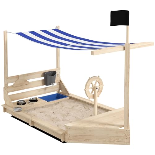 Outsunny Sandkasten Sandkiste groß mit Abdeckung im Schiff Design Segelschiff Matschekiste aus Holz Spielhaus mit Küchenspielset Aufbewahrung für Kinder 3-7 Jahre 180 x 103 x 144,5 cm Natur von Outsunny