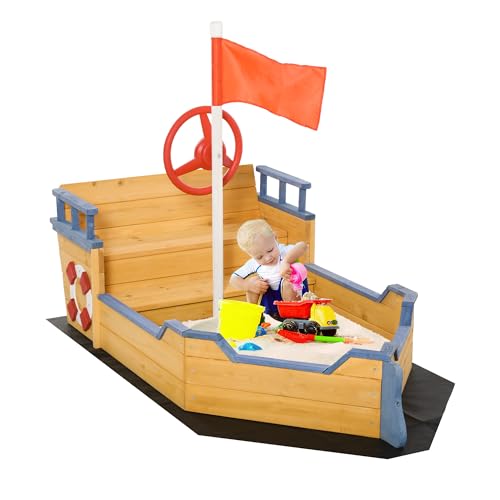 Outsunny Sandkasten Schaufel Sandkasten Sandkasten Schiff aus Tannenholz Segelschiff Piratenschiff Design groß für Kinder 3-6 Jahre Natur von Outsunny