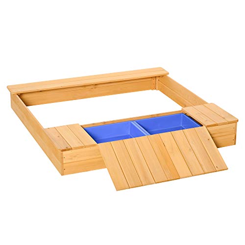 Outsunny Sandkasten Staubdichte Sandkasten mit Dach Holzsandkasten mit 2 Aufbewahrungsbox 3-6 Jahren Natur+Blau 125 x 121 x 17,5 cm von Outsunny