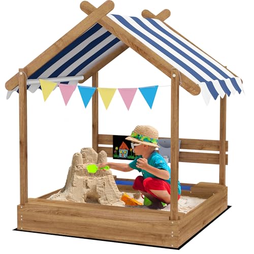 Outsunny Sandkasten mit Dach, Sandkiste aus Holz mit Sitzplatz, Spielhaus, 124 x 116 x 146 cm Sandbox mit Tafel für 3-7 Jahre Kinder, Garten, Braun von Outsunny