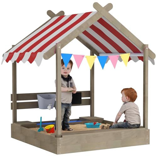 Outsunny Sandkasten mit Dach, Sandkiste aus Holz mit Sitzplatz, Spielhaus, 124 x 116 x 146 cm Sandbox mit Tafel für 3-7 Jahre Kinder, Garten, Grau von Outsunny