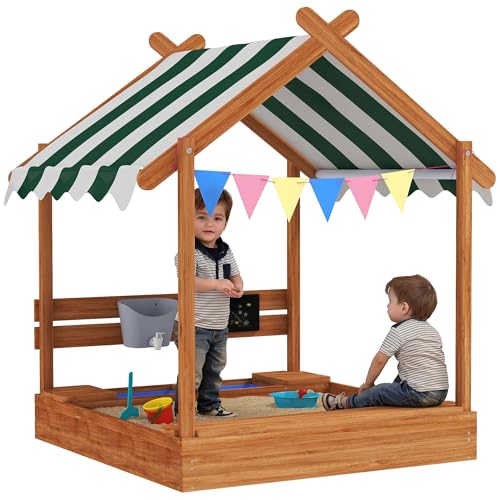 Outsunny Sandkasten mit Dach, Sandkiste aus Holz mit Sitzplatz, Spielhaus, 124 x 116 x 146 cm Sandbox mit Tafel für 3-7 Jahre Kinder, Garten, Orange von Outsunny